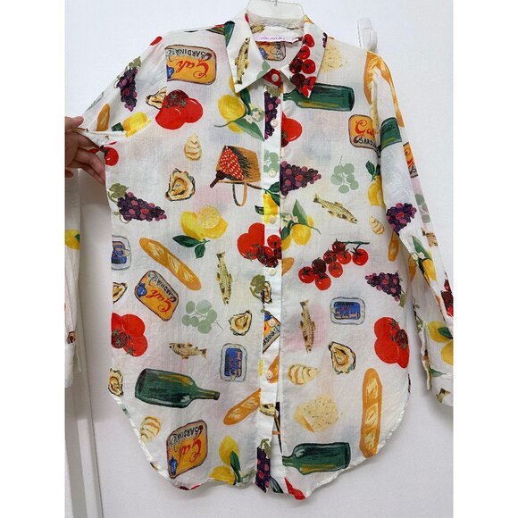 Lisa Says Gah Tessa Food Print Button Down Shirt Top Italian Summer Ivory L - Picture 5 of 15